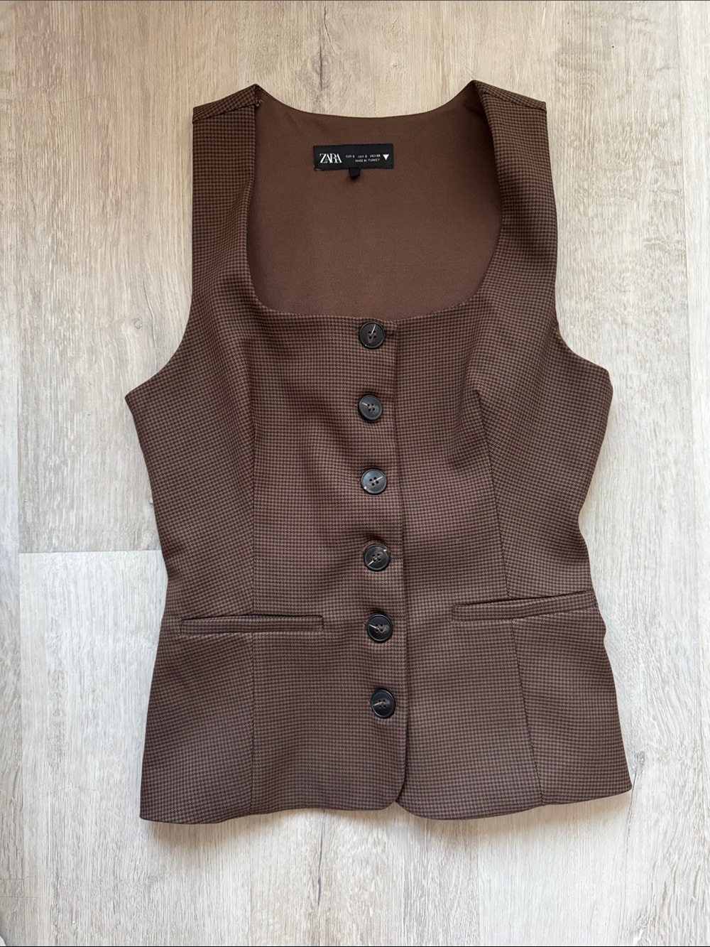 Zara Brown Houndstooth Buttoned Tailored Vest